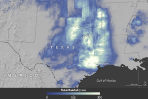 Satellite-estimated rainfall that fell over east Texas April 15-18, 2016. (Source: NASA Earth Observatory)