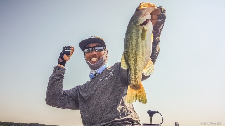 Shinichi Fukae shows off a beautiful Wheeler Lake largemouth and he is HAPPY! (Kyle Murphy)