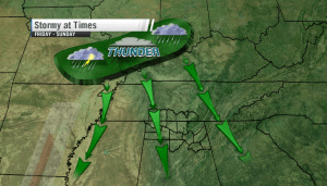 A "disturbed" northwesterly flow brings a chance of scattered but heavy storms through the weekend