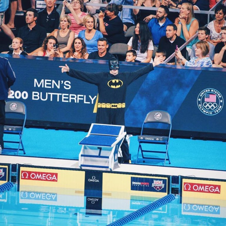 Zach Harting dressed as Batman for one of his entrances in the recent Olympic Trials.