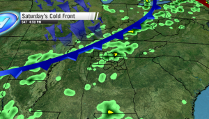 Saturday's cool front raises the chance of showers/storms after 4 PM