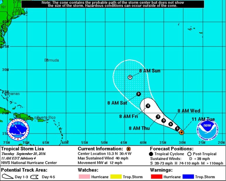 Tropical Storm Lisa forecast path (Source: NHC/NOAA)