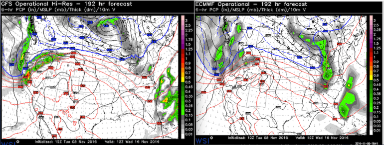 Forecast models running on November 8 are trending towards drier weather for November 16.