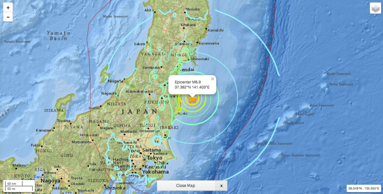 Magnetude 6.9 earthquake has struck off the coast of the Fukushima Prefecture (Image: United State Geological Service)