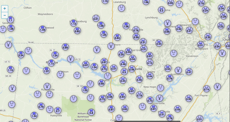 Rainfall totals via Weather Underground