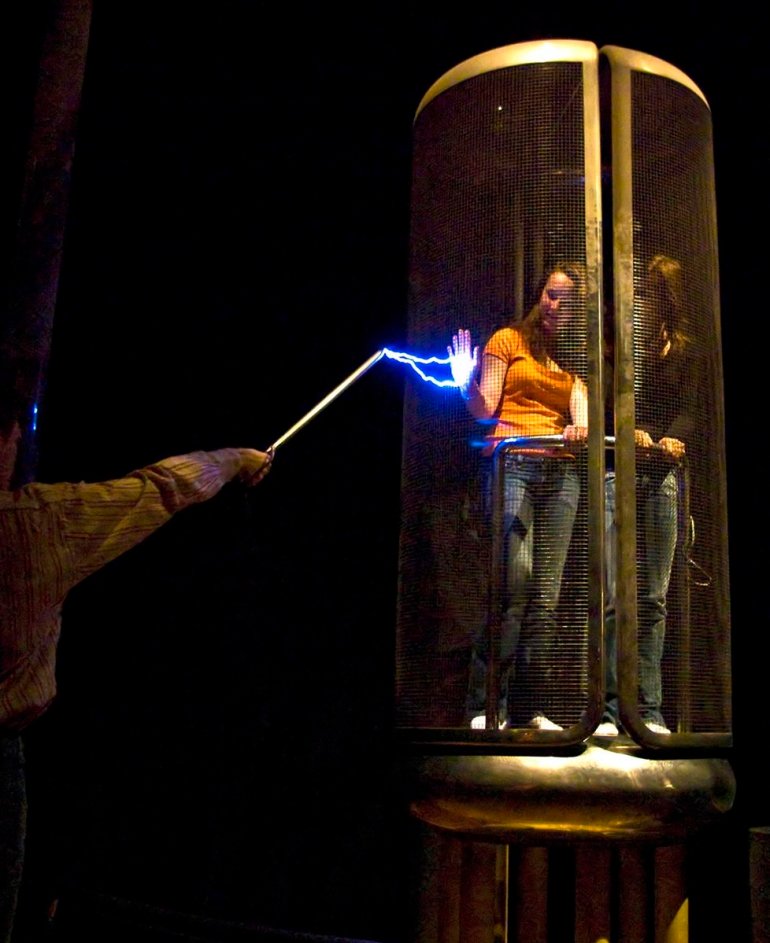 Women inside a Faraday Cage at the Discovery Palace in Paris (Credit: Antoine Taveneaux)