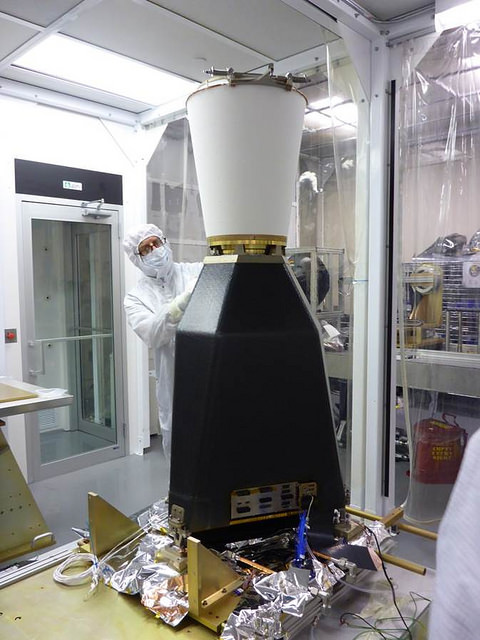 This image shows the GOES-R Geostationary Lightning Mapper (GLM) as it prepares to undergo vibration testing, which will simulate the stresses experienced during launch. GLM successfully completed the testing in May 2014. (Credit: NOAA Satellites/Lockheed Martin Advanced Technology Corporation)