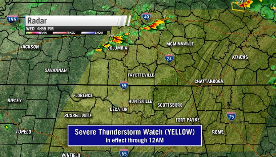 Example of a severe thunderstorm watch (yellow area)