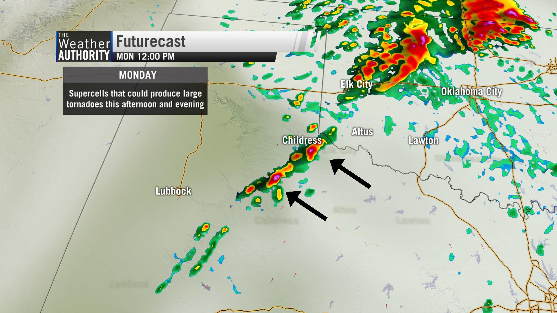 Supercells capable of producing tornadoes develop through the early afternoon.