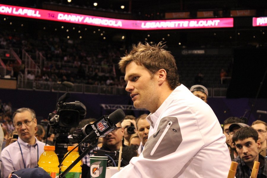 New England Patriots quarterback Tom Brady speaks at Super Bowl XLIX Media Day on Jan. 27, 2015.