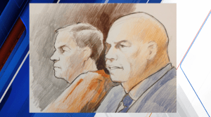 Mark Leonard (left) and Defense attorney David Shircliff (right) in court. (Sketch by Dave Blodgett)