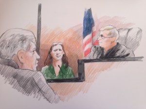 Denise Robinson (left) Monserrate Shirley (center) and Judge John Marnocha (right) (Sketch by Dave Blodgett)