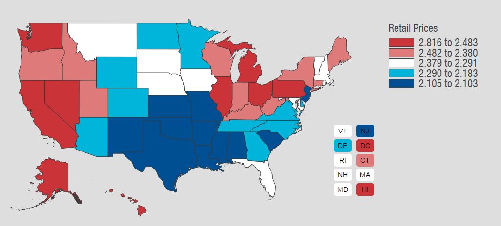 Gas price averages for states survey by AAA