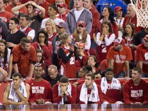 Wisconsin players sit dejected on the bench near the end of the game, NCAA Men's Basketball Championships, Lucas Oil Stadium, Wisconsin vs. Duke, Indianapolis, Monday, April 6, 2015. Duke won 68-63. Robert Scheer / The Star