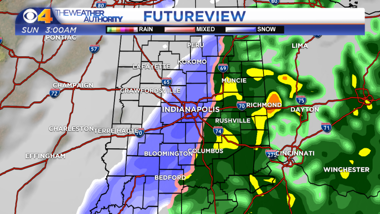 Computer model projection of radar imagery at 3am ET Sunday.