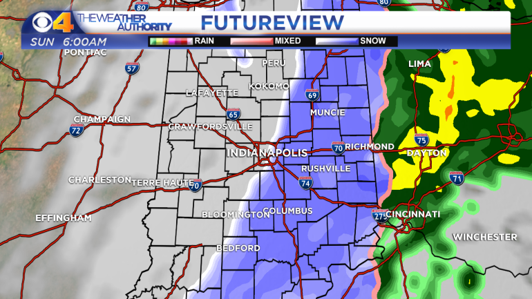 Computer model projection of radar imagery at 6am ET Sunday.