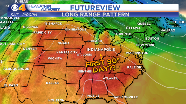 Computer model projection of upper-level winds 2pm Saturday.