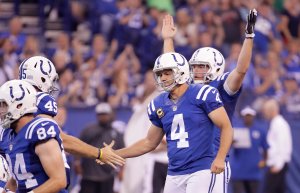 Adam Vinatieri #4 of the Indianapolis Colts reacts after kicking a field goal during the game against the San Diego Chargers at Lucas Oil Stadium on September 25, 2016 in Indianapolis, Indiana. (Photo by Andy Lyons/Getty Images)