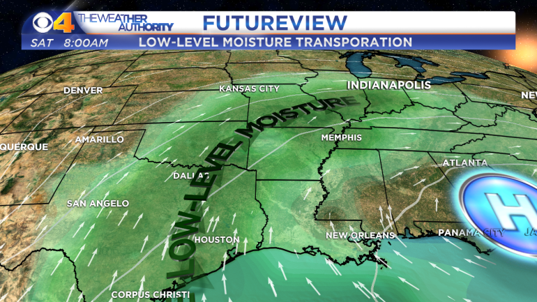 Winds at 10,000-feet will transport moisture from the Gulf of Mexico.