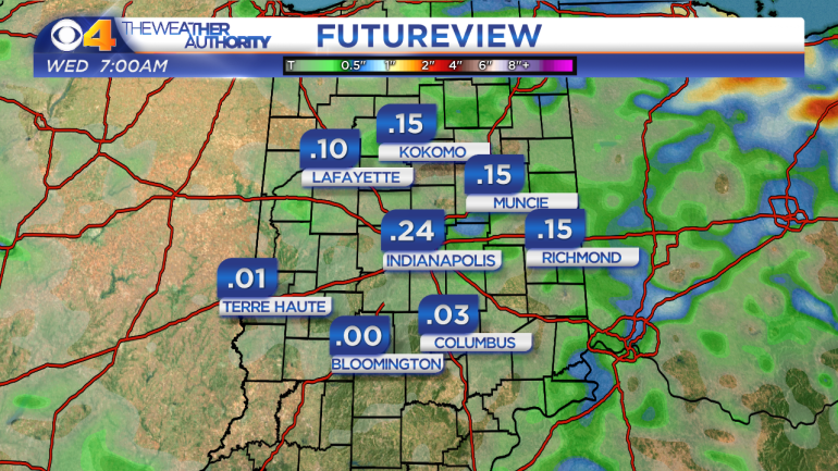 Computer model projection of precipitation accumulation through Wednesday morning.