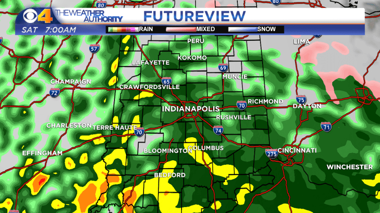 Computer model projection of radar/satellite imagery Saturday morning.