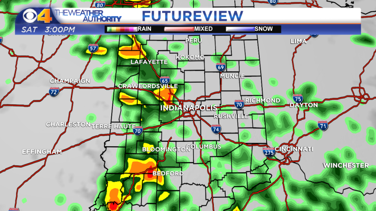Computer model projection of radar/satellite imagery Saturday afternoon.
