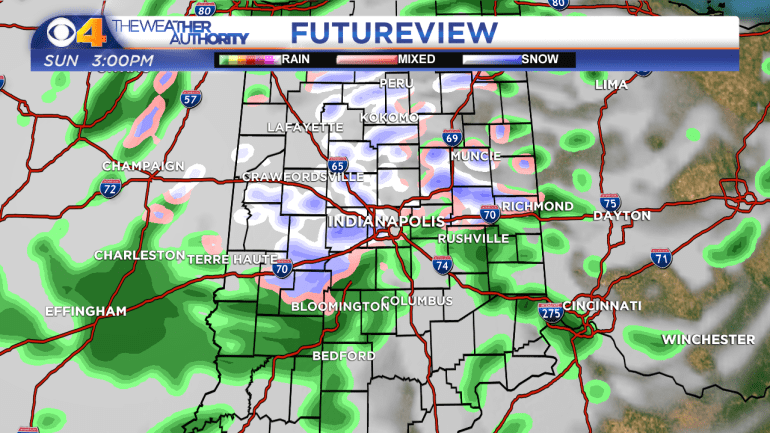 Computer model projection of radar/satellite imagery Sunday afternoon.