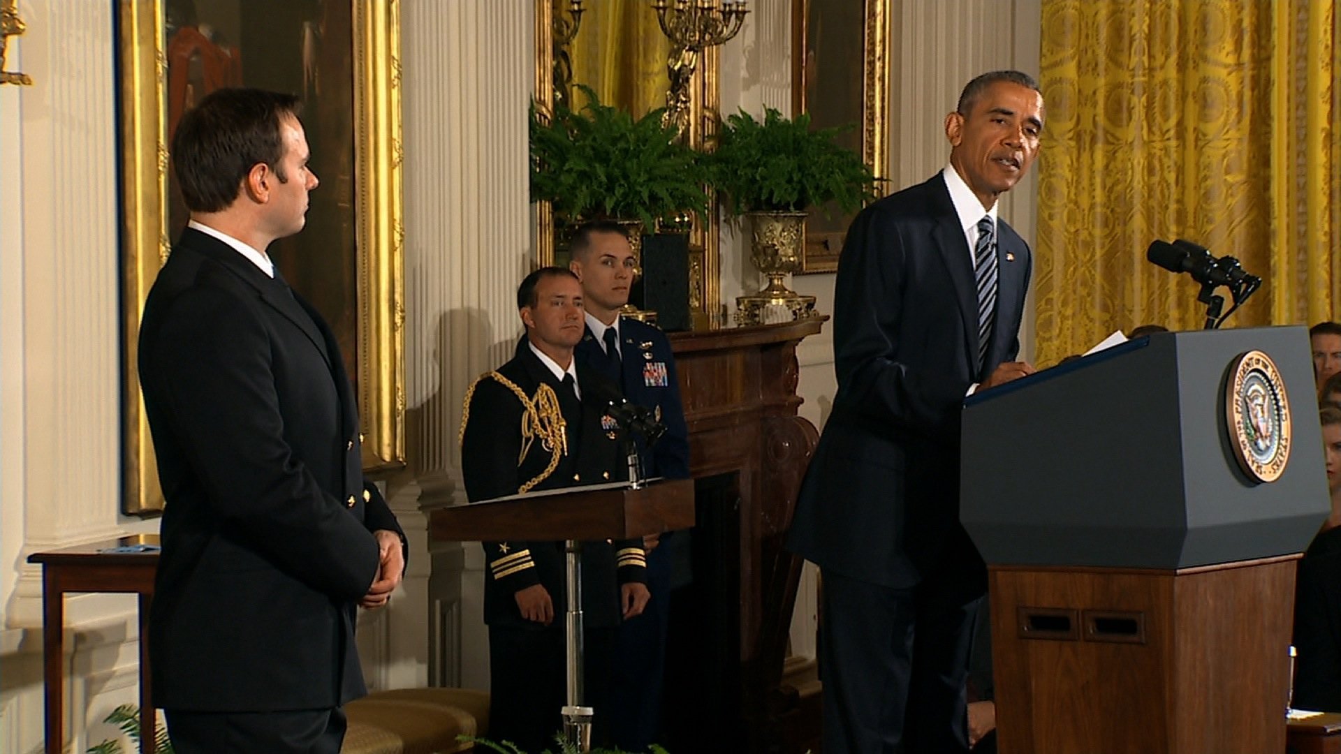 President Obama presents the Medal of Honor to Senior Chief Special Warfare Operator Edward Byers, U.S. Navy East Room