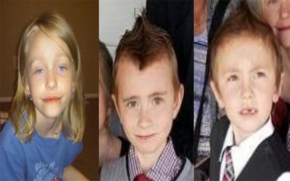 Kaylee Dunn, 9, has blonde hair and blue eyes. Lewis Dunn, 10, has brown hair and brown eyes. Kadyn Simon, 6, has blonde hair and brown eyes.