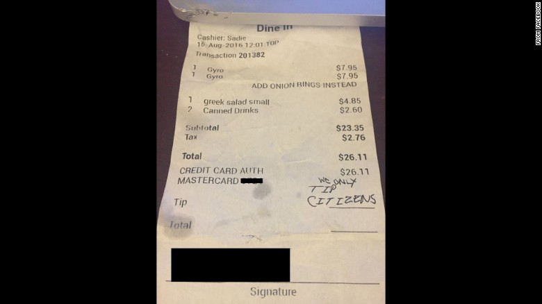 Latina waitress gets a nasty note instead of tip. via Facebook