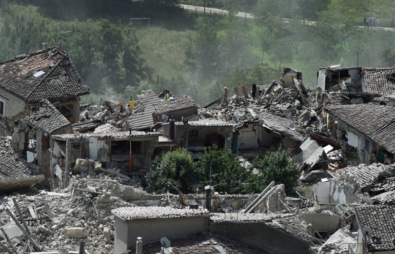 A general view of Pescara del Tronto town destroyed by the earthquake on August 24, 2016 in Pescara del Tronto, Italy. Central Italy was struck by a powerful, 6.2-magnitude earthquake in the early hours, which has killed at least 63 people and devastated dozens of mountain villages. Numerous buildings have collapsed in communities close to the epicenter of the quake near the town of Norcia in the region of Umbria, witnesses have told Italian media, with an increase in the death toll highly likely (Photo by Giuseppe Bellini/Getty Images)
