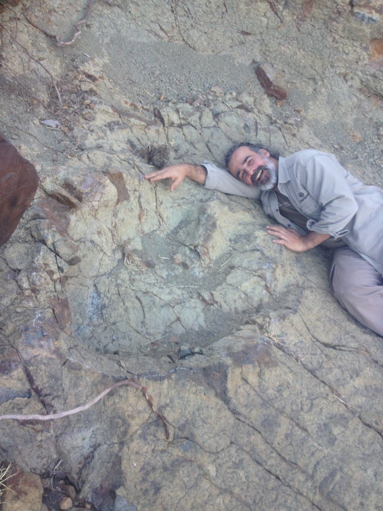 Paleontologist Sebastian Apesteguia lies next to a newly discovered dinosaur footprint in Bolivia.