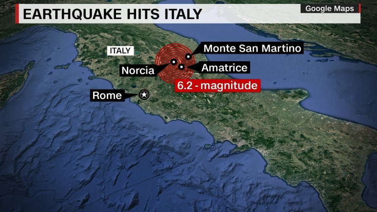 A 6.2-magnitude strong, shallow earthquake hit central Italy early Wednesday, killing at least 63 people and leaving rescuers desperately digging through the rubble to free survivors. Credit: CNN