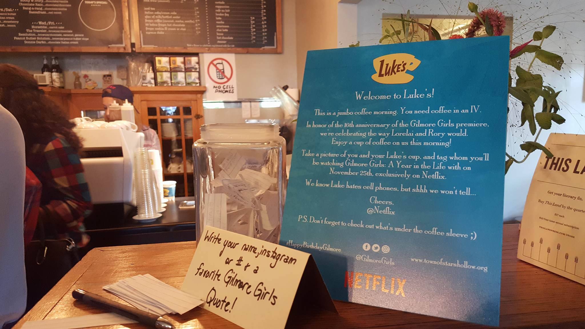 Sign at Cuppies and Joe explains the event
