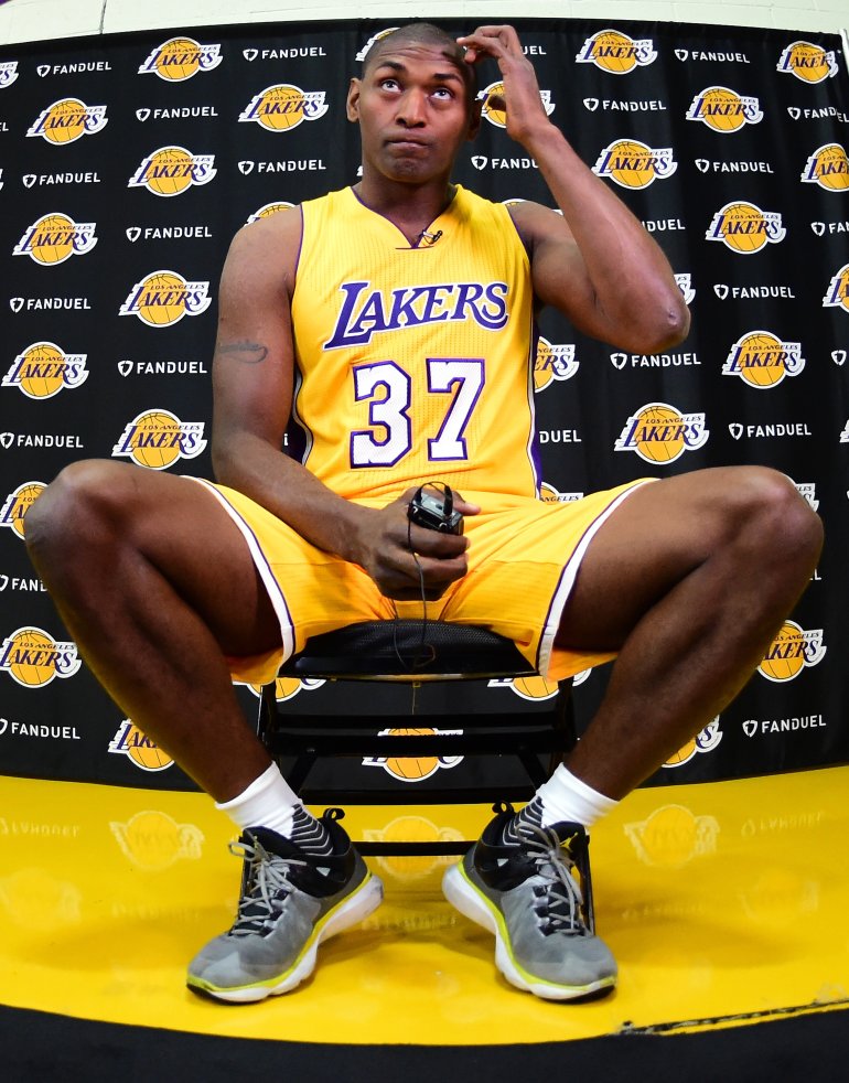 Metta World Peace #37 of the Los Angeles Lakers sits for an interview during Los Angeles Laker media day at Toyota Sports Center on September 26, 2016 in El Segundo, California. (Photo by Harry How/Getty Images)
