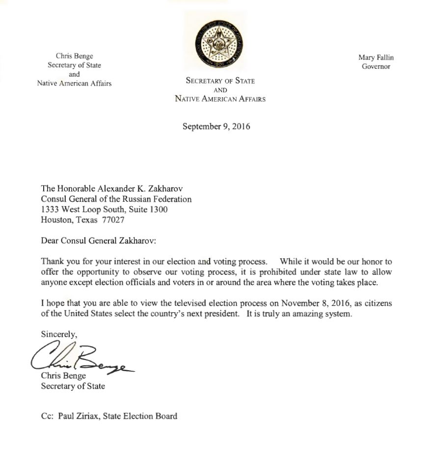 Oklahoma Secretary of State Chris Benge replies to Consulate General of Russia in the U.S. Alexander K. Zakharov letter.