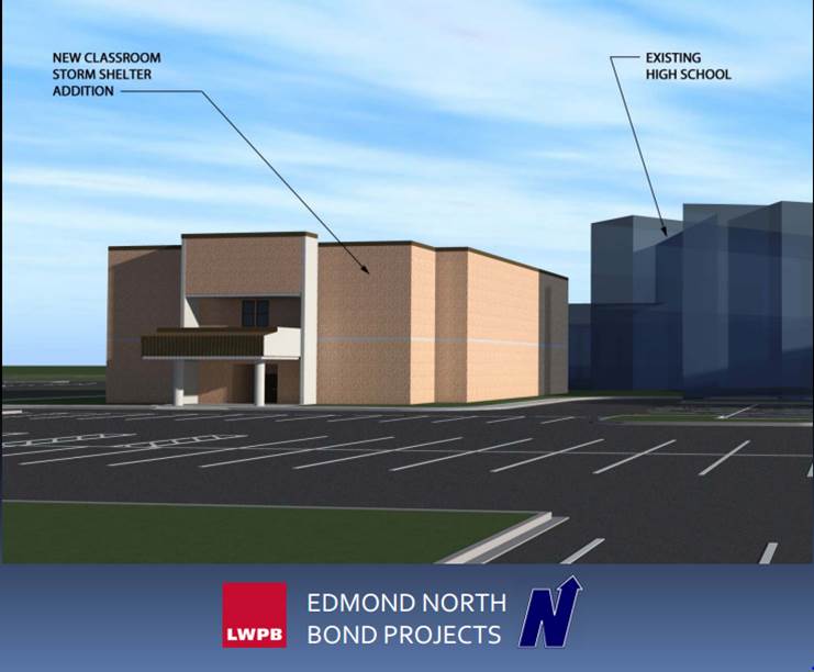 An architectural rendering by LWPD shows a new classroom addition that would double as a storm shelter at Edmond North High School.