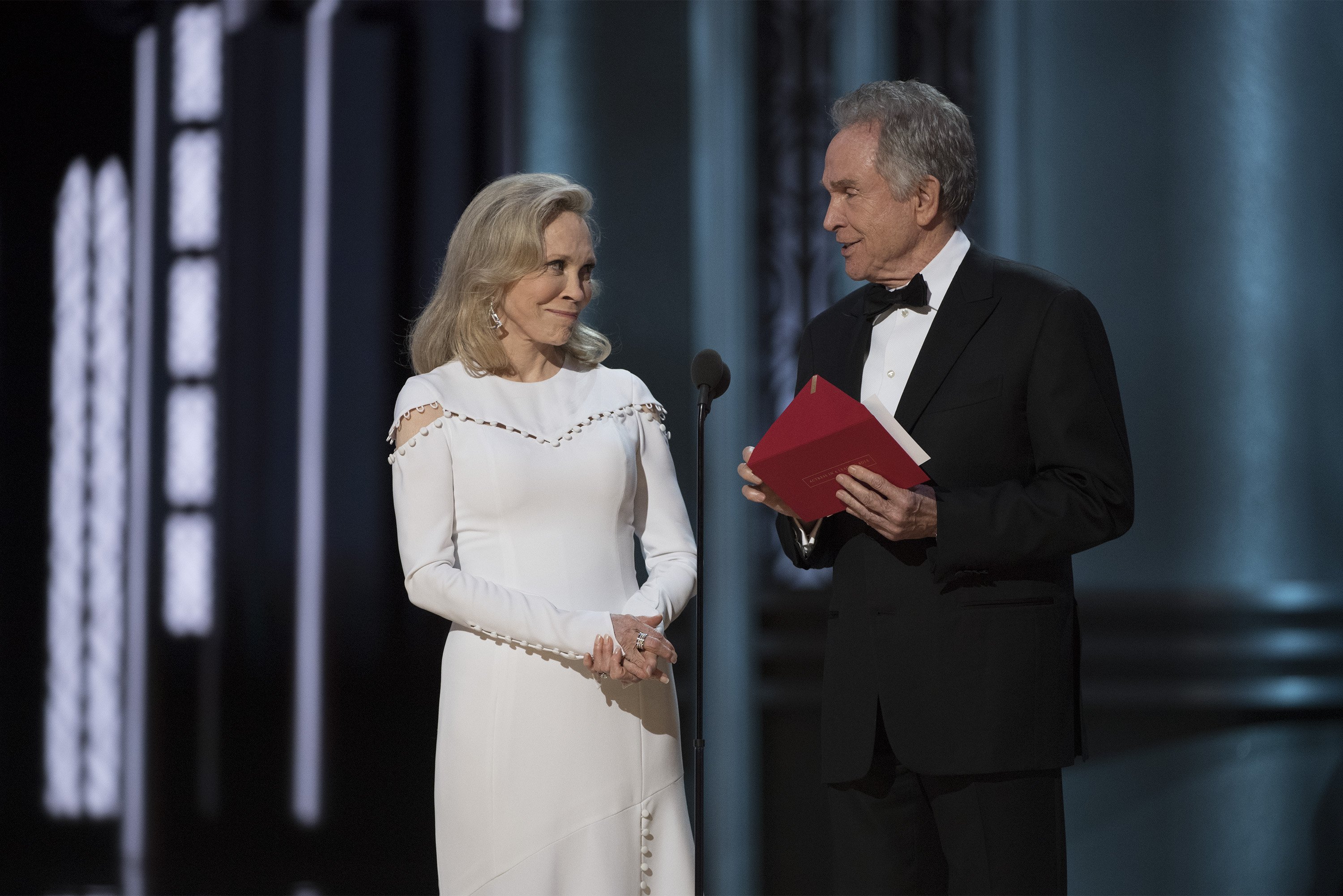 Faye Dunaway, left, and Warren Beatty present the award for best picture, but the exterior on the envelope reads "Actress in a Leading Role." Credit:Eddy Chen/ABC