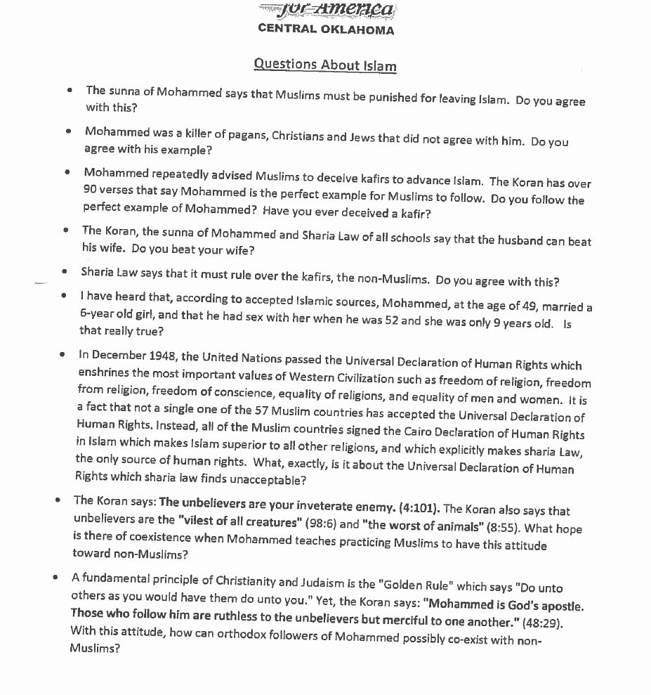 Page one of questionnaire Bennett's office handed to the Muslim students.