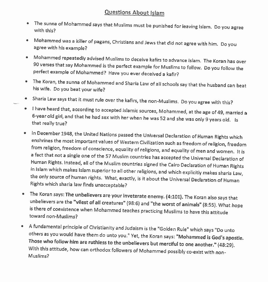 Page two of questionnaire Bennett's office handed to the Muslim students.