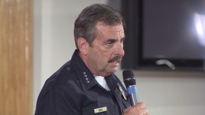 Los Angeles Police Department Chief Charlie Beck addresses a community meeting over the death of Ezell Ford on Aug. 19, 2014. (Credit: KTLA) 