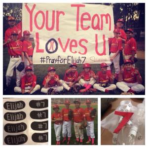 Members of the Cardinals baseball team show their support for Elijah Belden at a game on Oct. 9, 2014. This photo was posted on the family's Facebook page.