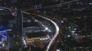 Traffic was snarled after a fatal crash on Oct. 31, 2014, caused northbound lanes on the 110 Freeway in downtown L.A. to be closed. (Credit: KTLA)