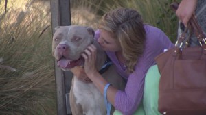 Donicia Barrios, right, was reunited with Lucky, a dog who guarded her families Boyle Heights business, after a fire destroyed the building on Oct. 19, 2014. (Credit: KTLA)