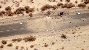 Aerial video showed debris from the Virgin Galactic rocket that crashed in the Mojave Desert near Cantil on Oct. 31, 2014. (Credit: KTLA)