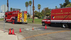 A hazardous materials crew investigates a leak in Riverside. (Credit: KTLA)