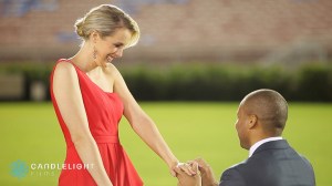 Levy Randolph proposes to Tiffany Rogers on the field of the Rose Bowl in Pasadena. (Credit: Candlelight Films)