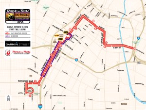 The Rock ’n’ Roll Marathon website posted the following map of the half marathon and 5K routes for the Oct. 26, 2014, downtown L.A. race. 