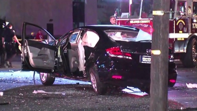 One person was killed and five others injured in a suspected DUI crash in Santa Ana on Saturday, Oct. 25, 2014, police said. (OnScene.tv HD)