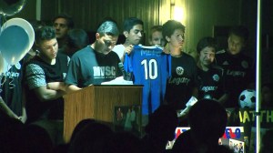 Boys who played soccer with Irvine crash victims Brandon Moreno, Matthew Melo and Alex Sotelo spoke at a memorial on Oct. 7, 2014, at Carl Hankey K-8 School. (Credit: KTLA)